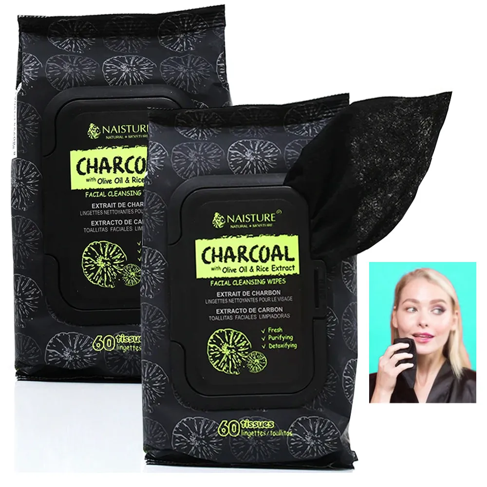 120 Ct Detoxifying Charcoal Facial Cleansing Wipes Face Olive Oil Rice Extract
