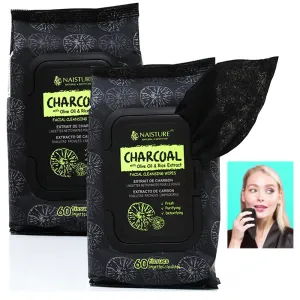 120 Ct Detoxifying Charcoal Facial Cleansing Wipes Face Olive Oil Rice Extract