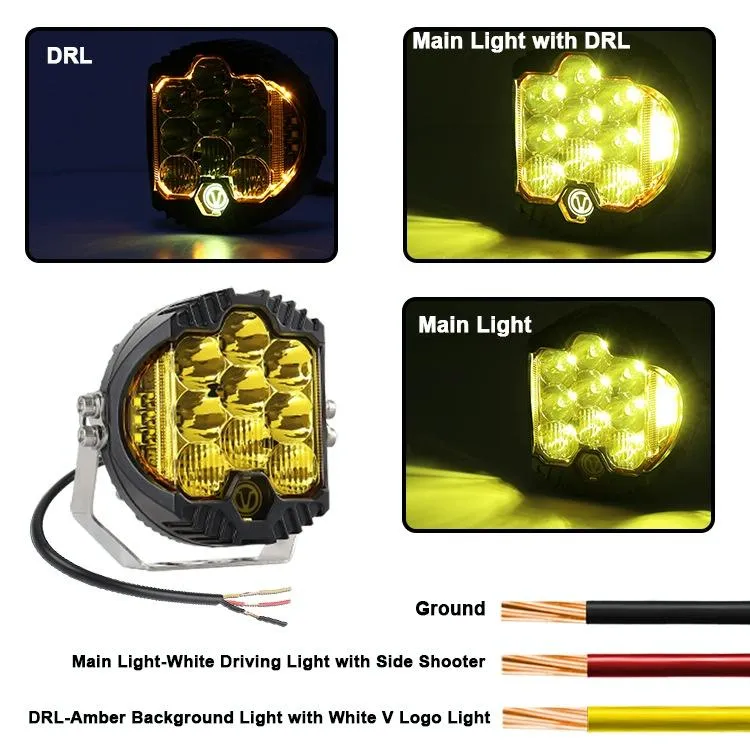 5" LED Work Light | DC 12V-30V | 5000LM | 6500K | 50W | Three-Sided Headlight | Jeep Wrangler | Gold Light