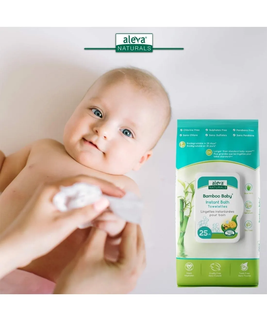 Aleva Naturals Bamboo Baby Instant Bath Towelettes - 25 Pack