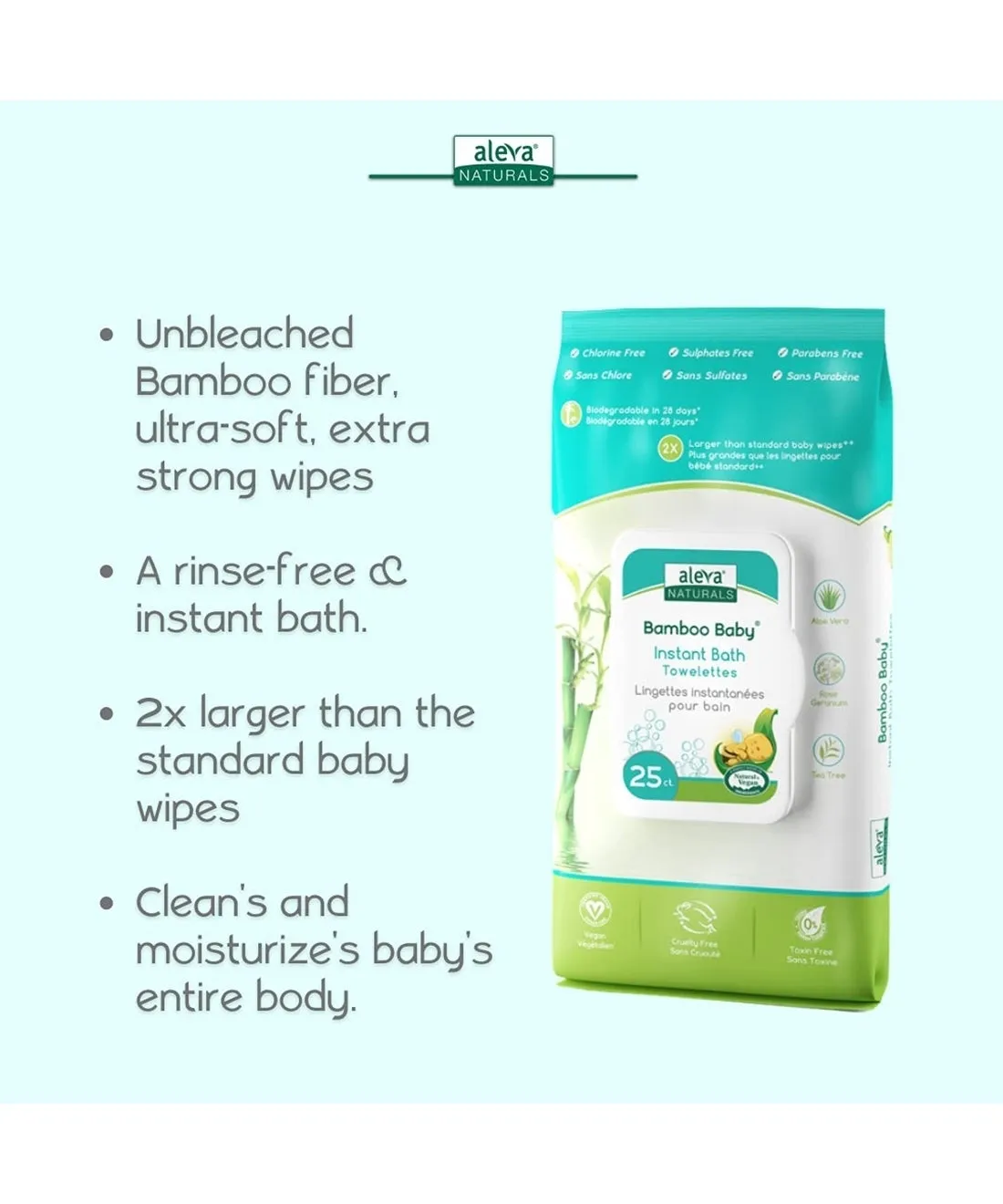 Aleva Naturals Bamboo Baby Instant Bath Towelettes - 25 Pack