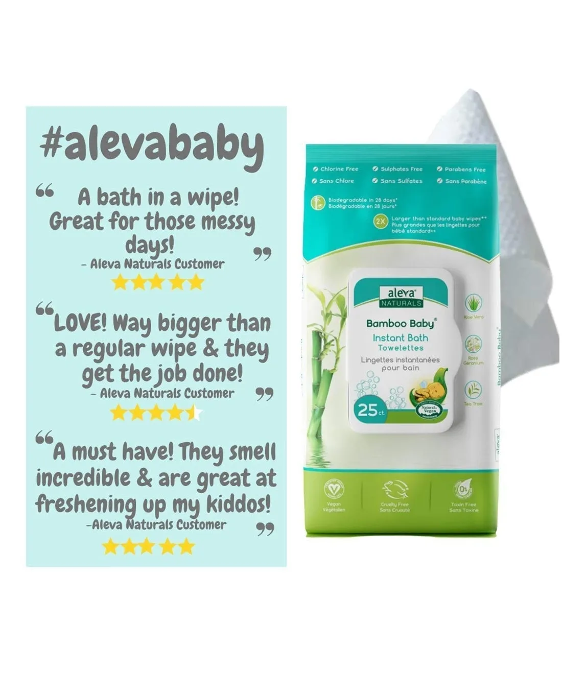 Aleva Naturals Bamboo Baby Instant Bath Towelettes - 25 Pack