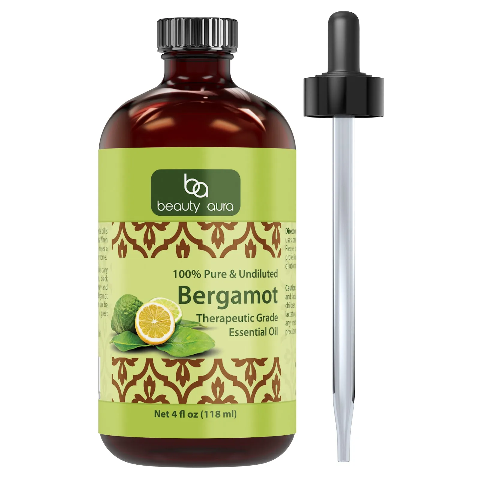 Beauty Aura Bergamot Oil | Therapeutic Grade Essential Oil | 4 Fl. Oz (118 ml)
