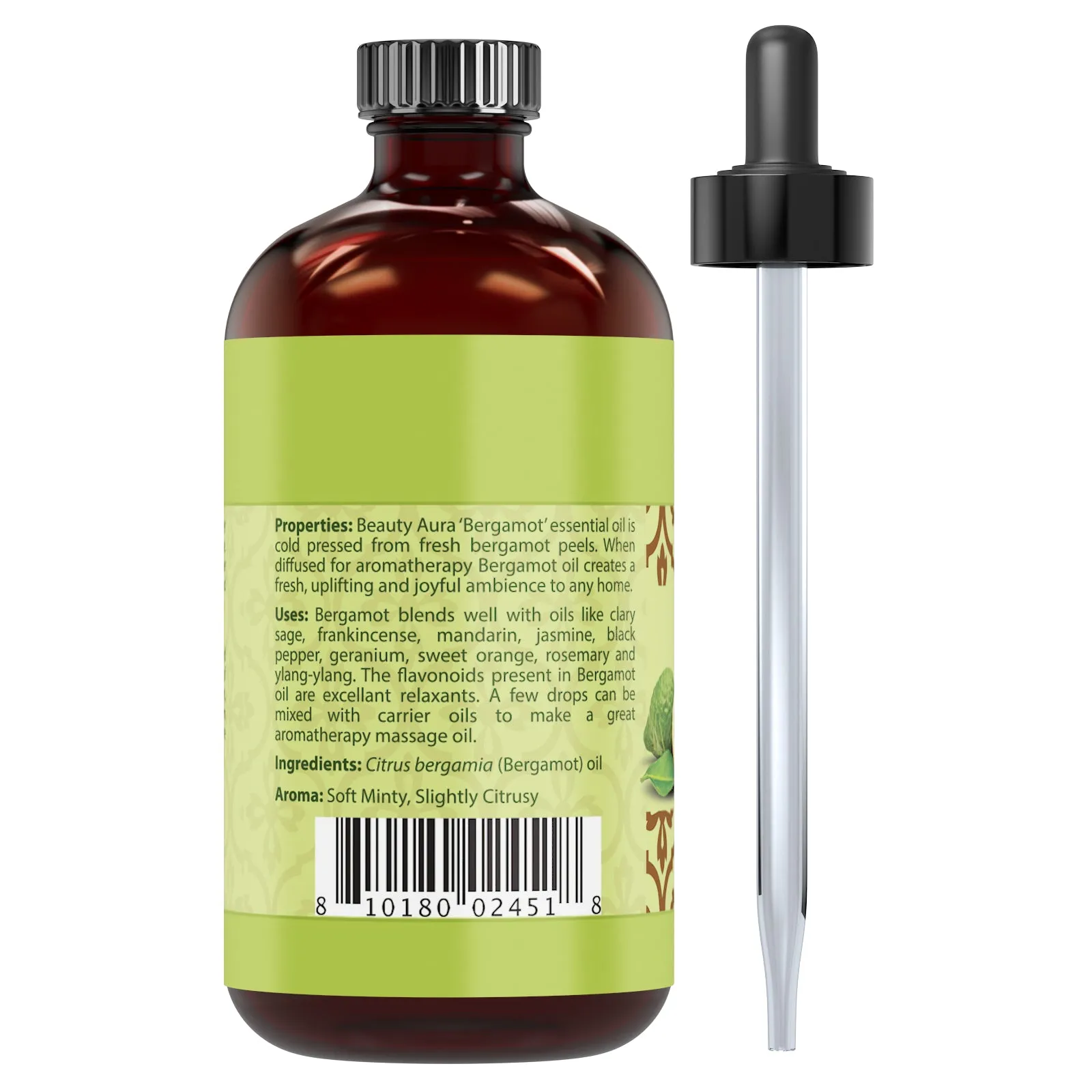 Beauty Aura Bergamot Oil | Therapeutic Grade Essential Oil | 4 Fl. Oz (118 ml)