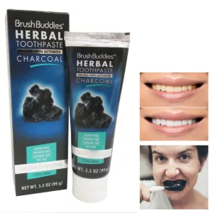 Brush Buddies Herbal Toothpaste Infused Activated Charcoal Cool Mint Whitens New