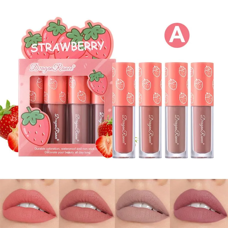 Dragon Ranee Strawberry 4 Pcs Velvet Matte Waterproof Lip Stick Set (A) 2.5g x 4pcs D6007