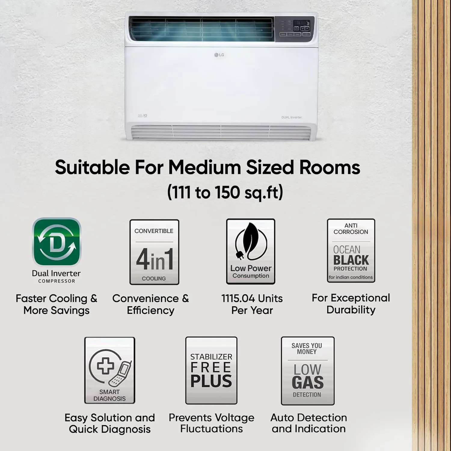 LG UW-Q18WUXA 1.5 Ton 3 Star DUAL Inverter Window AC (Copper, Convertible 4-in-1 cooling, 4 Way Air Swing, HD Filter, White)