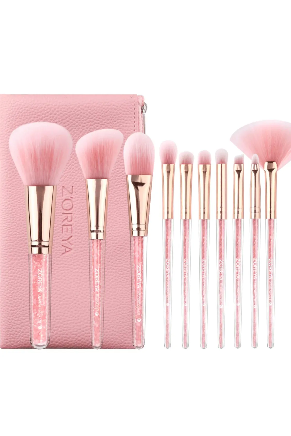 Z'oreya 10 Super Soft Pink Crystal Makeup Brush Set Pink Leather Bag
