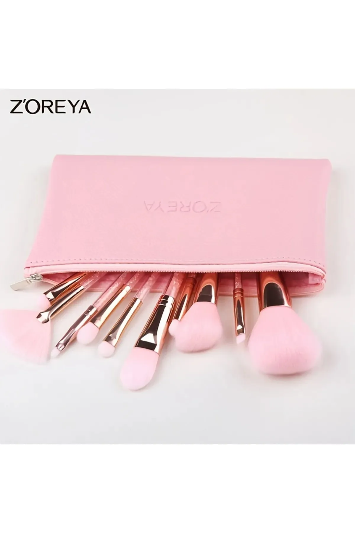 Z'oreya 10 Super Soft Pink Crystal Makeup Brush Set Pink Leather Bag